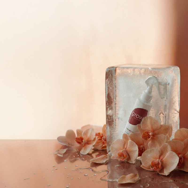 Midnight Orchid spray in a block of ice surrounded by orchid flowers
