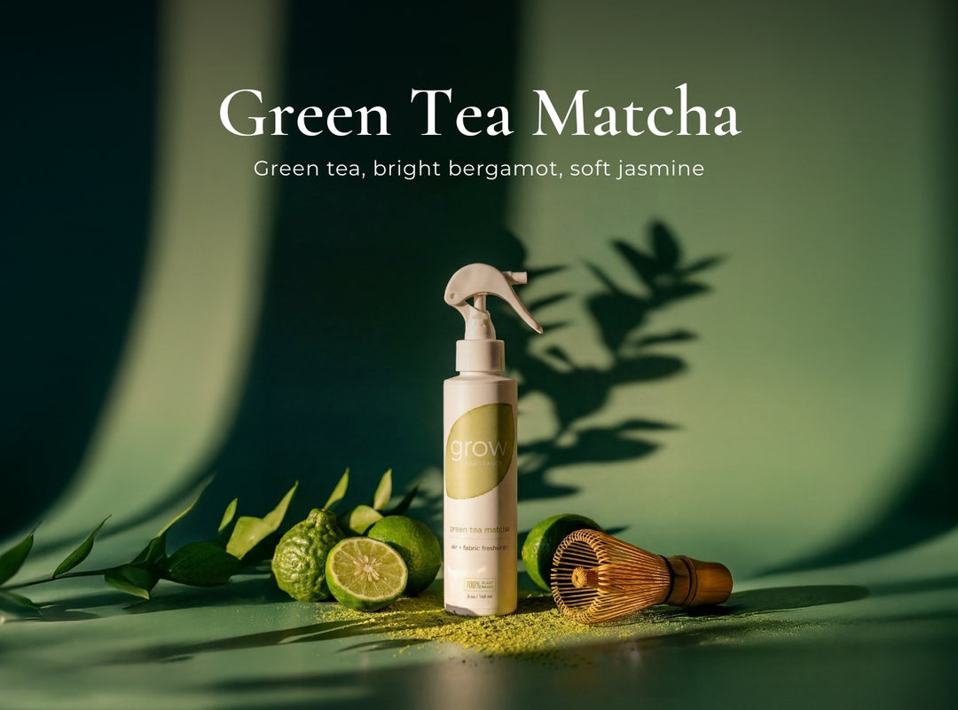 Green tea matcha product with leaves and lime on a green background