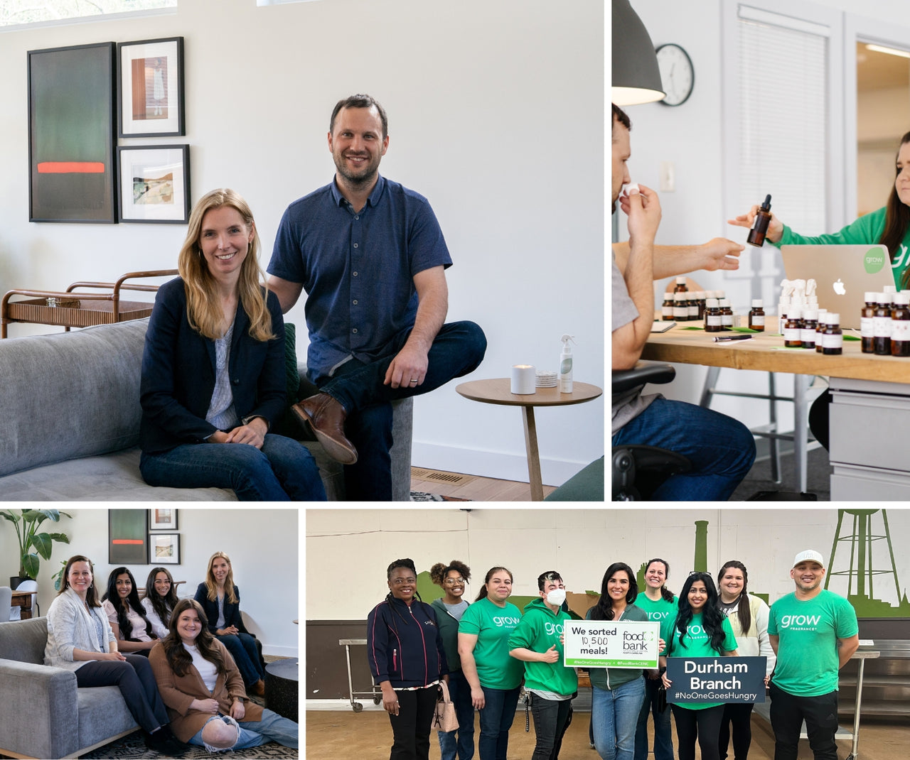 Photos of Grow Fragrance founders Dan and Kelly on couch, smelling fragrances, group photo of women on couch, and Grow team volunteering 