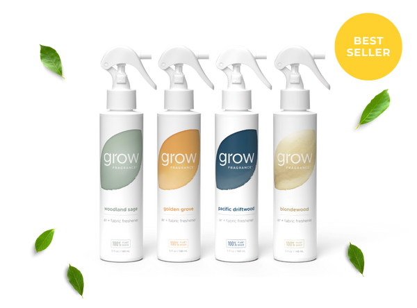 Bestsellers Spray Pack — four Grow Fragrance spray bottles with different colored labels for Pacific Driftwood, Woodland Sage, Golden Grove, Blondewood on a white background.