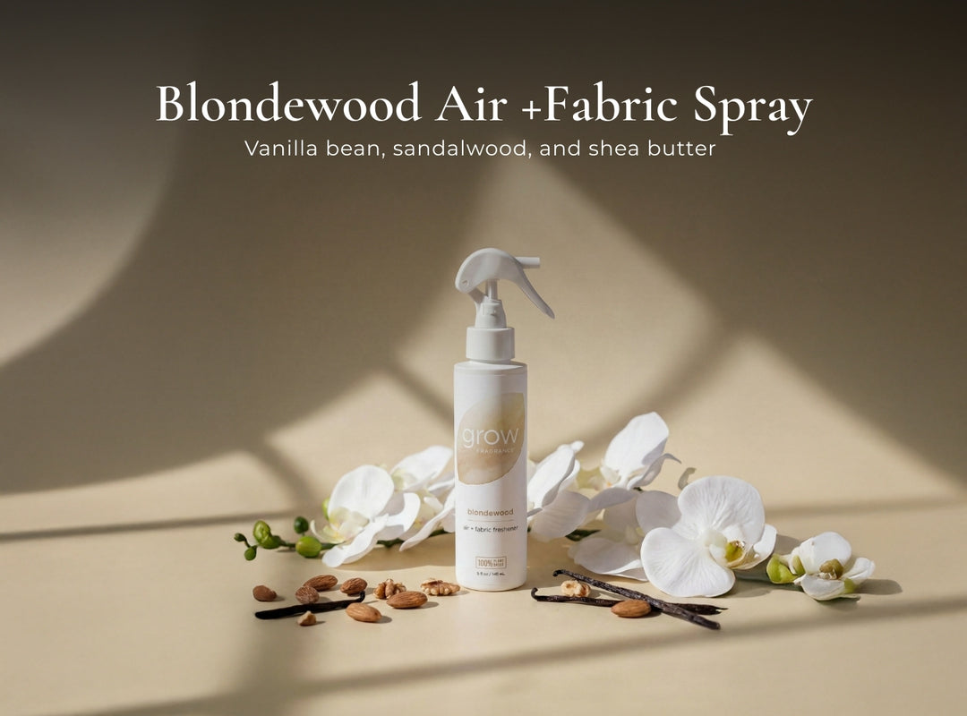 Blondewood Air + Fabric Spray bottle with vanilla beans, sandalwood, and shea butter on a beige background