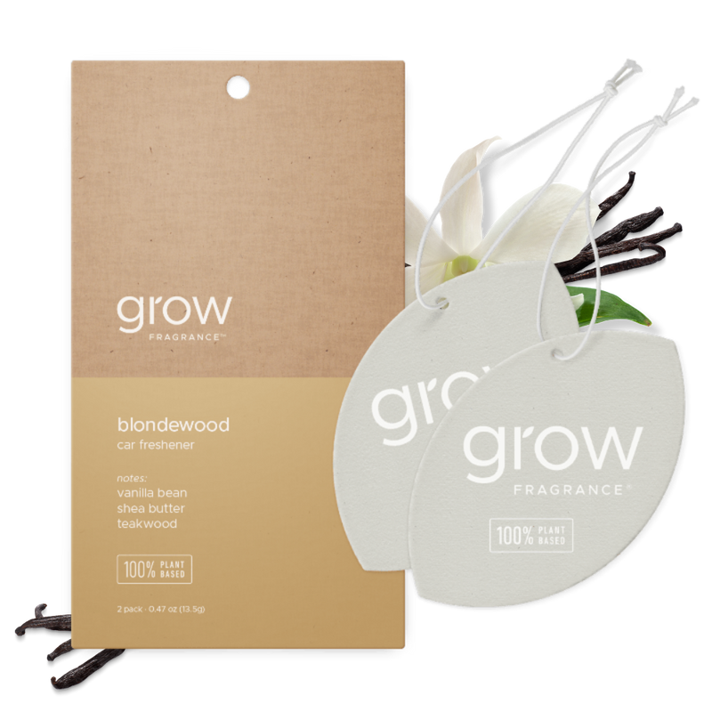 Grow Fragrance blondewood car freshener with packaging on a white background