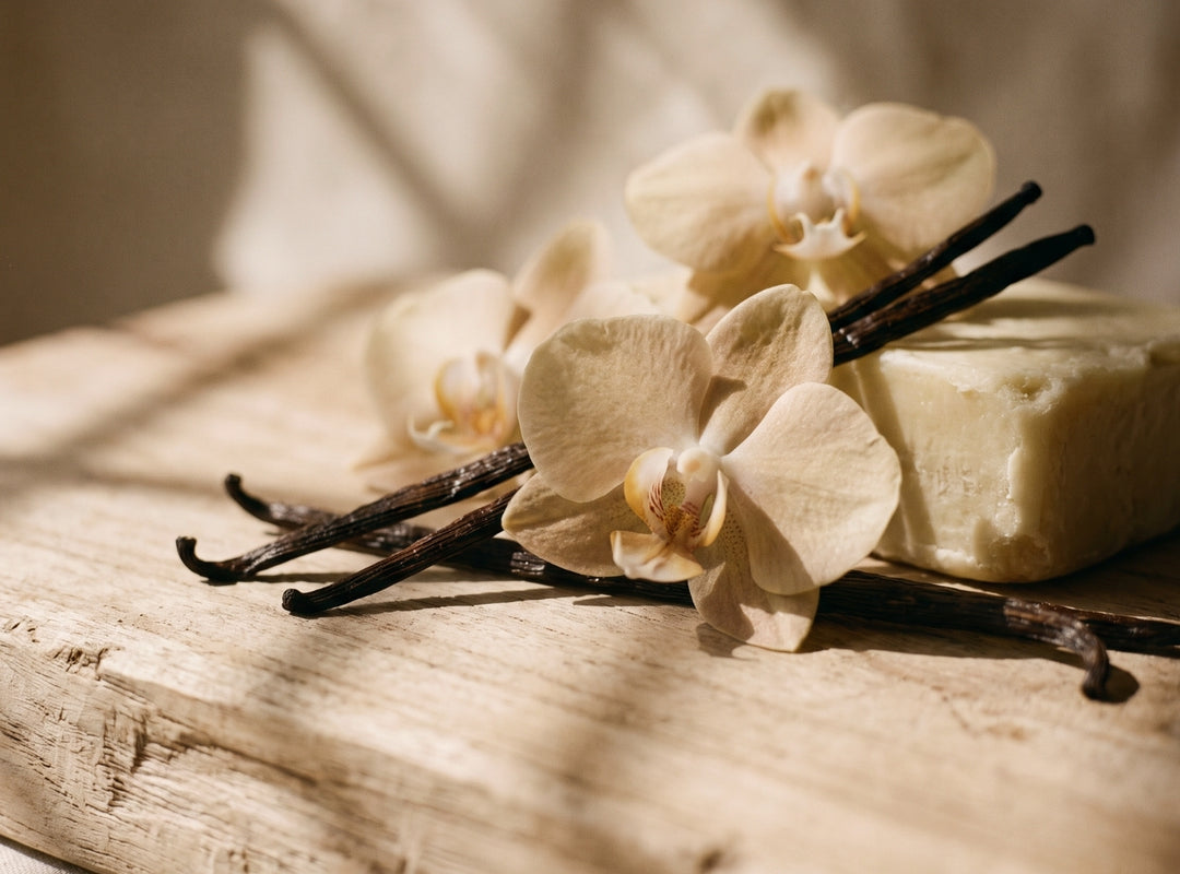 A close-up still life of a pale cream soap bar resting on a rustic wooden surface, surrounded by dark vanilla beans and cream orchid flowers under warm, directional sunlight. (featured)