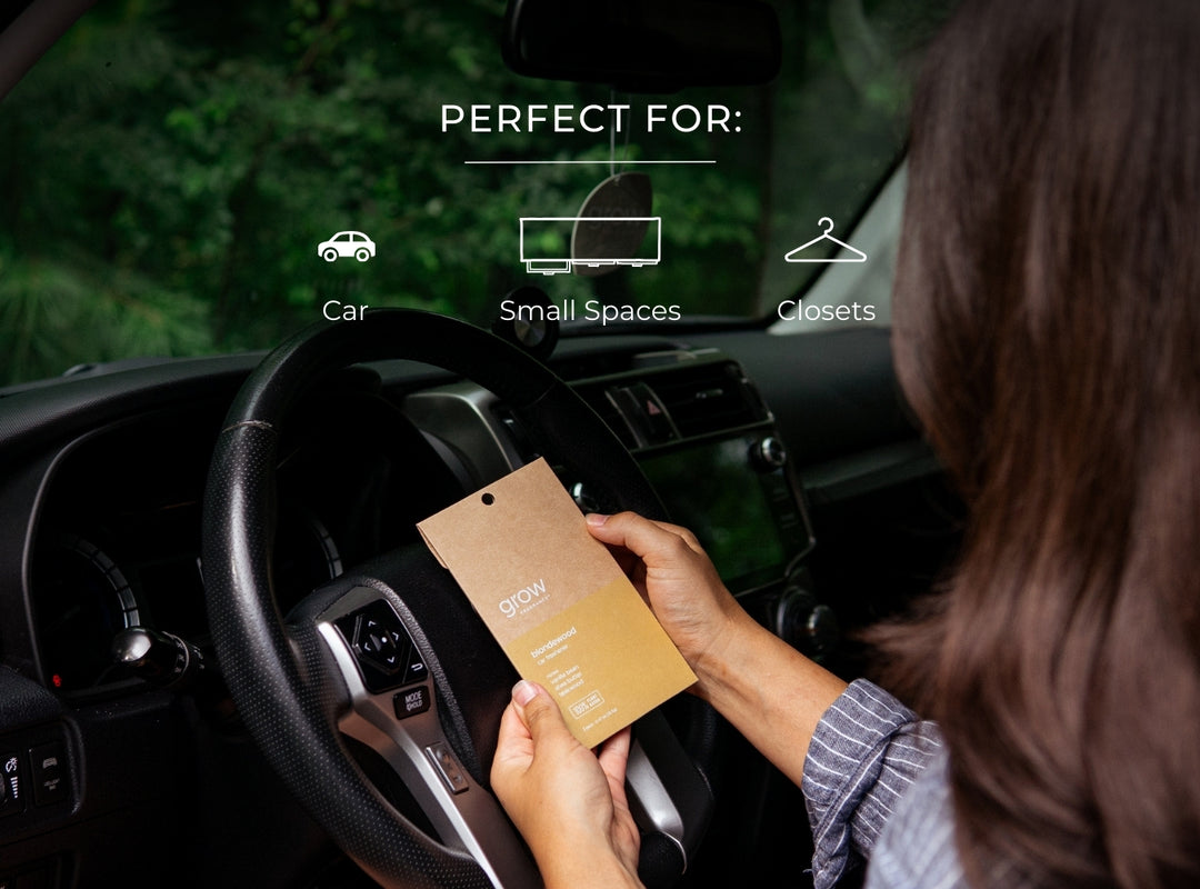 Person holding a Grow Fragrance Non Toxic Car Freshener labeled 'Grow' inside a car with text indicating it's perfect for car, small spaces, and closets.