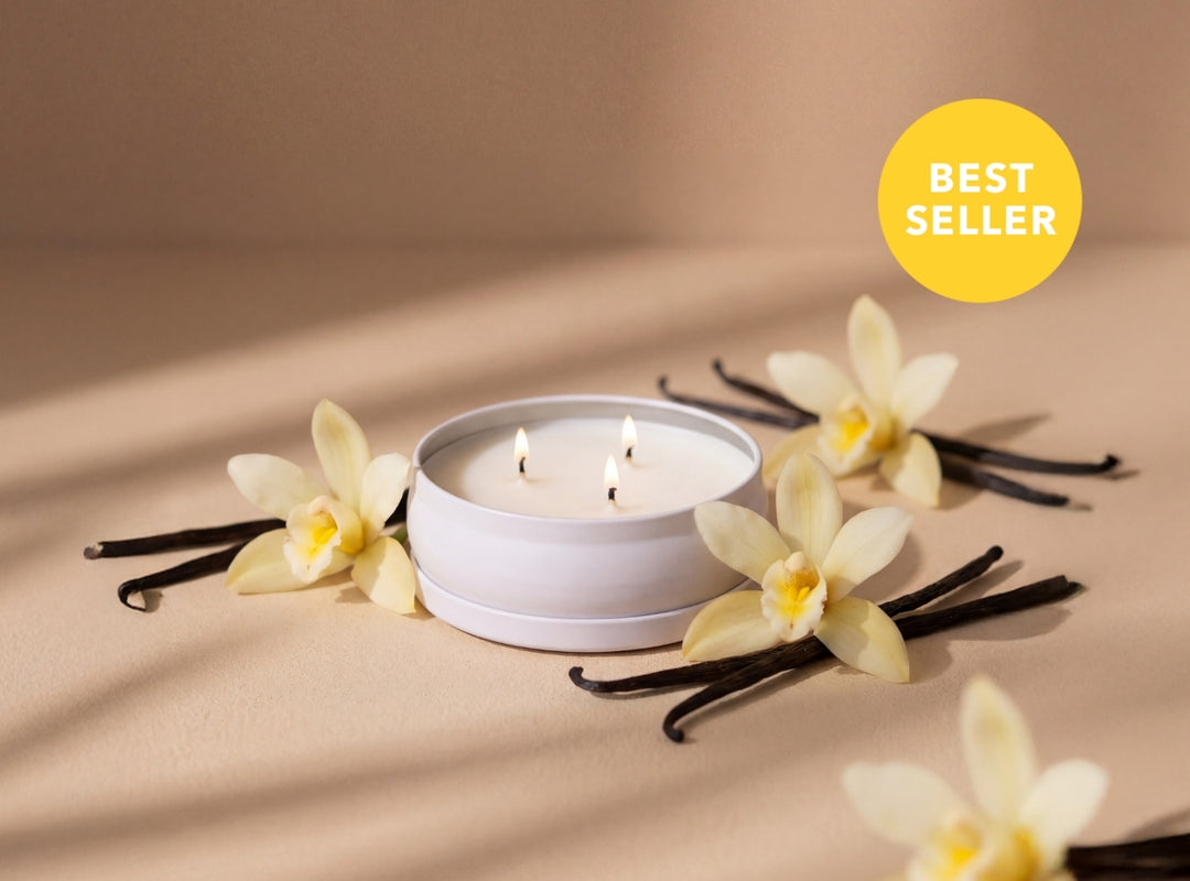 Candle with vanilla beans and flowers on a beige background, labeled as a best seller.