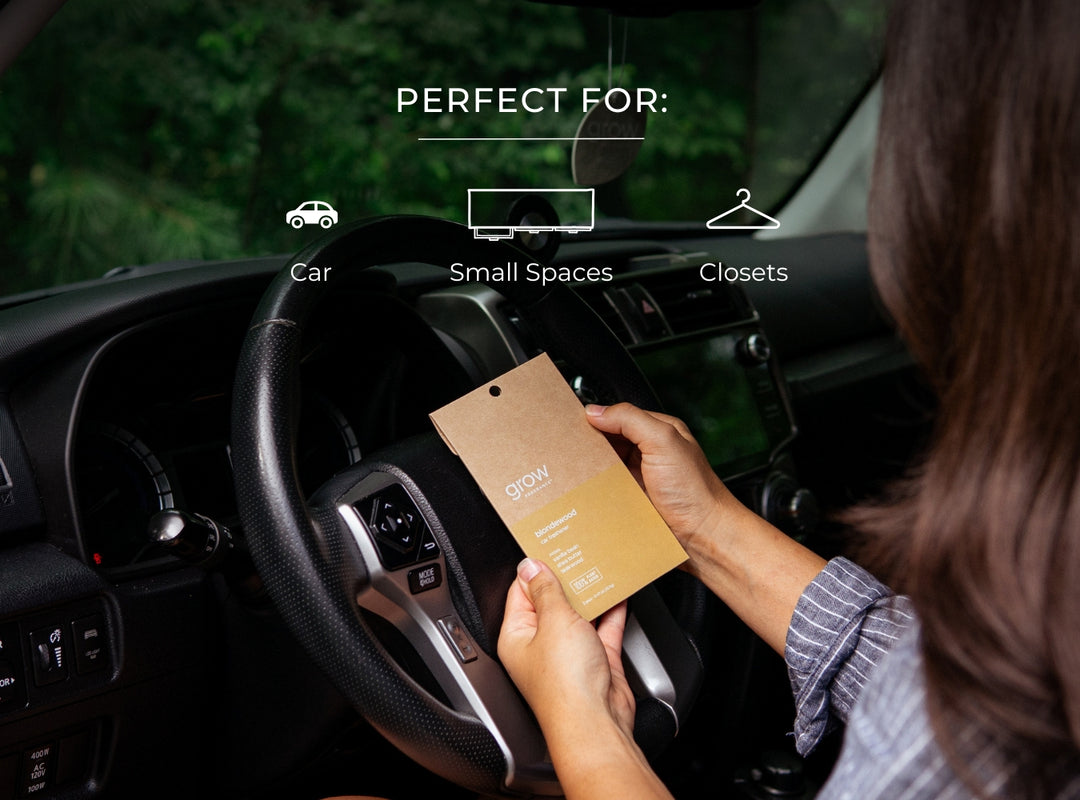 Person holding a Blondewood car freshener bag with text 'Perfect for Car, Small Spaces, Closets' inside a vehicle.