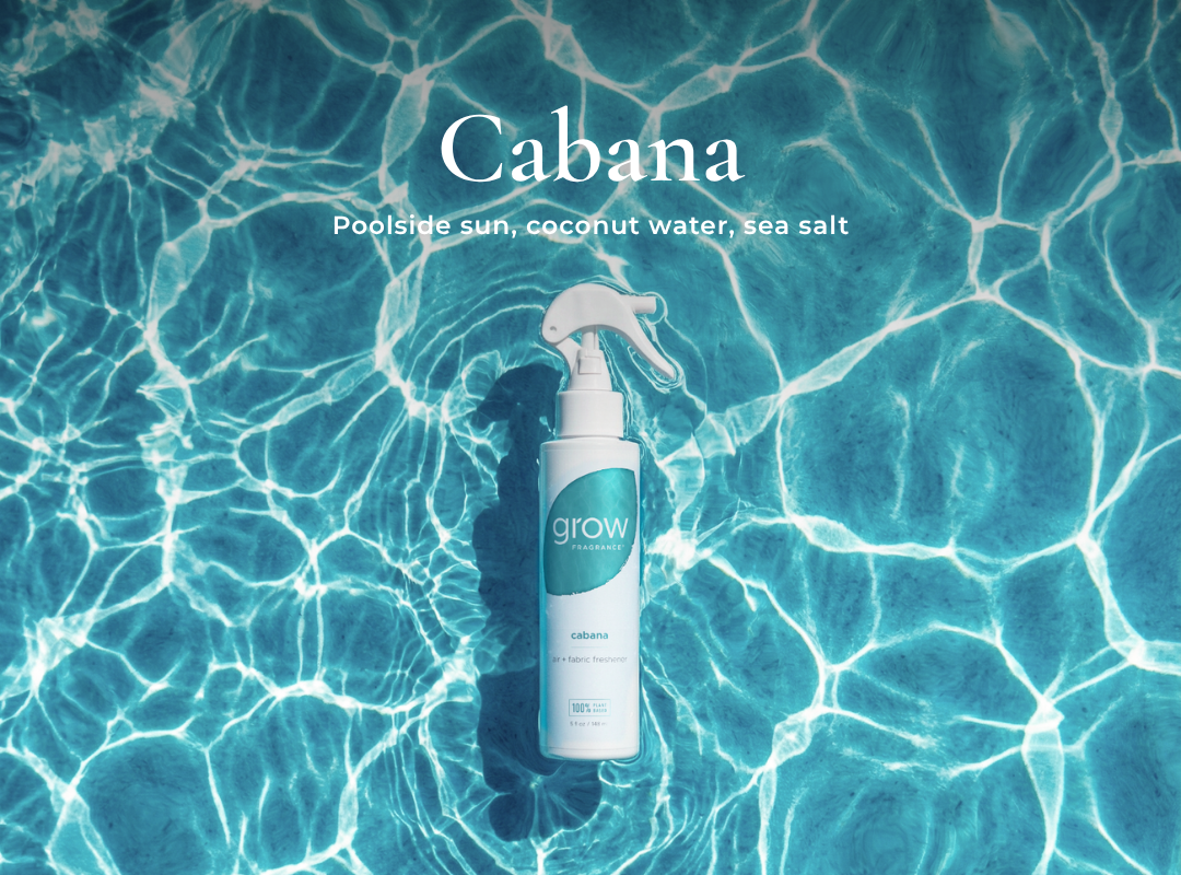 Spray bottle labeled 'grow' on a pool surface with 'Cabana' branding.