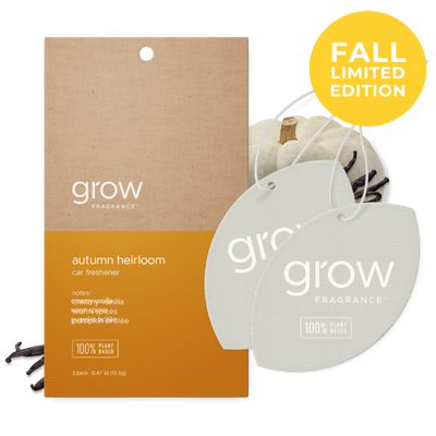 Grow Fragrance 'Autumn Heirloom' car freshener packaging with two oval-shaped hanging tags, a kraft paper box, and a yellow 'Fall Limited Edition' badge. The tags are cream and white with the brand name 'grow FRAGRANCE' printed in white. (featured)