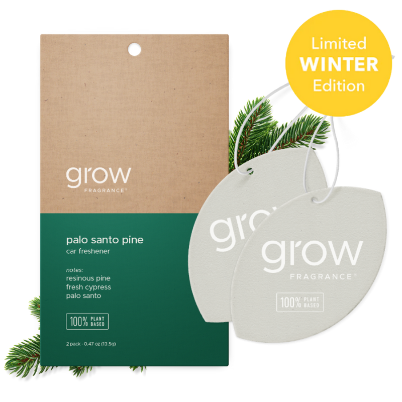 Two oval car air fresheners from grow Fragrance shown in front of their kraft paper and dark green retail card packaging, with pine branches and a yellow 'Limited Winter Edition' badge on a white background.