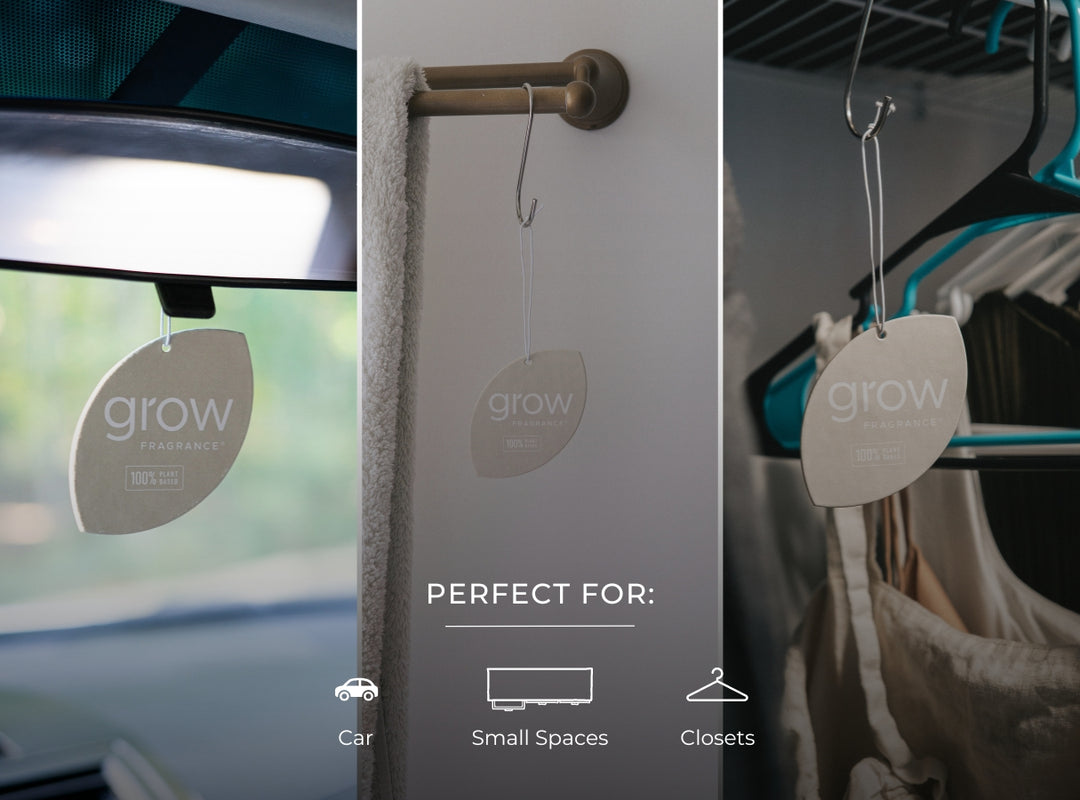 Car freshener labeled 'grow' displayed in various settings including a car, small spaces, and closets.
