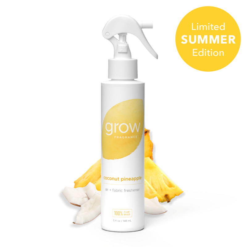 Spray bottle labeled 'grow' with coconut pineapple flavor on a white background