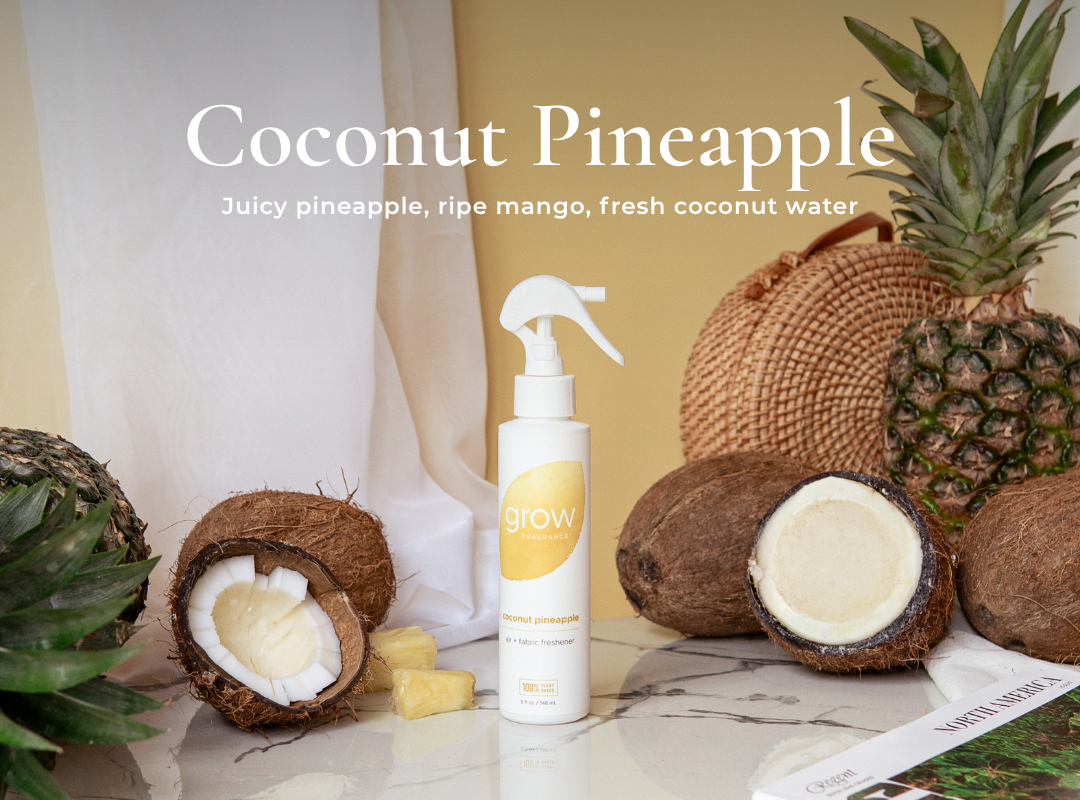 Coconut Pineapple product with pineapple, coconuts, and a spray bottle on a marble surface.