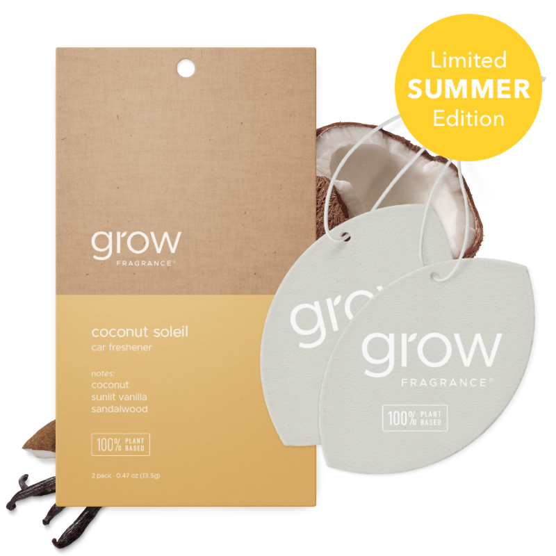Grow Fragrance coconut soleil car freshener with packaging on a white background