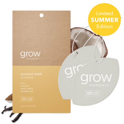 Grow Fragrance coconut soleil car freshener with packaging on a white background