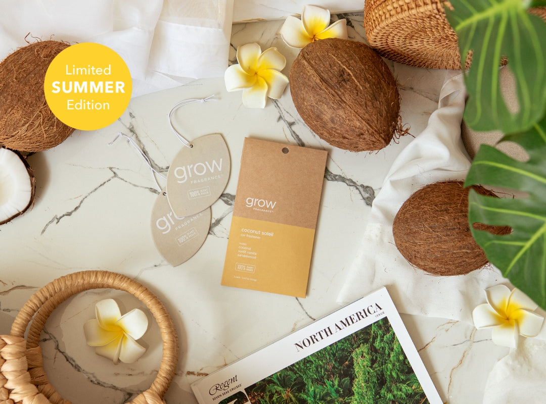 Coconut Soleil Car Freshener, Coconuts, a 'grow' car fresheners, and a magazine on a marble surface with flowers and a plant. (featured)