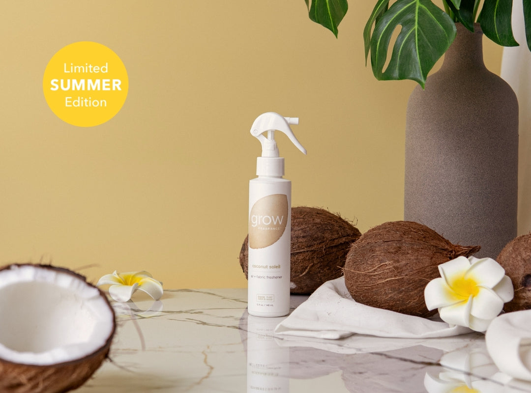 Coconut Soleil Grow Fragrance air and fabric freshener bottle with coconuts and flowers on a marble surface, labeled 'Limited Summer Edition'. (featured)