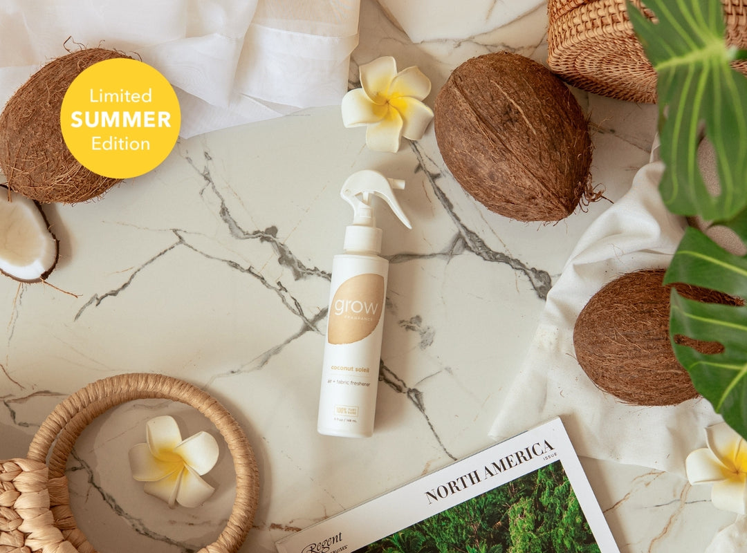Grow Fragrance 'Coconut Soleil' bottle with coconuts and flowers on a marble surface, labeled 'Limited Summer Edition' (featured)