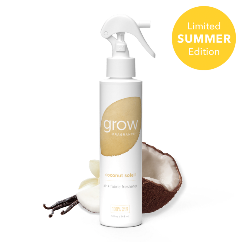 Spray bottle labeled 'grow' with coconut and vanilla beans on a white background, featuring a 'Limited Summer Edition' label.