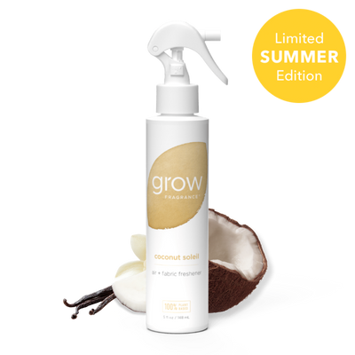 Spray bottle labeled 'grow' with coconut and vanilla beans on a white background, featuring a 'Limited Summer Edition' label.