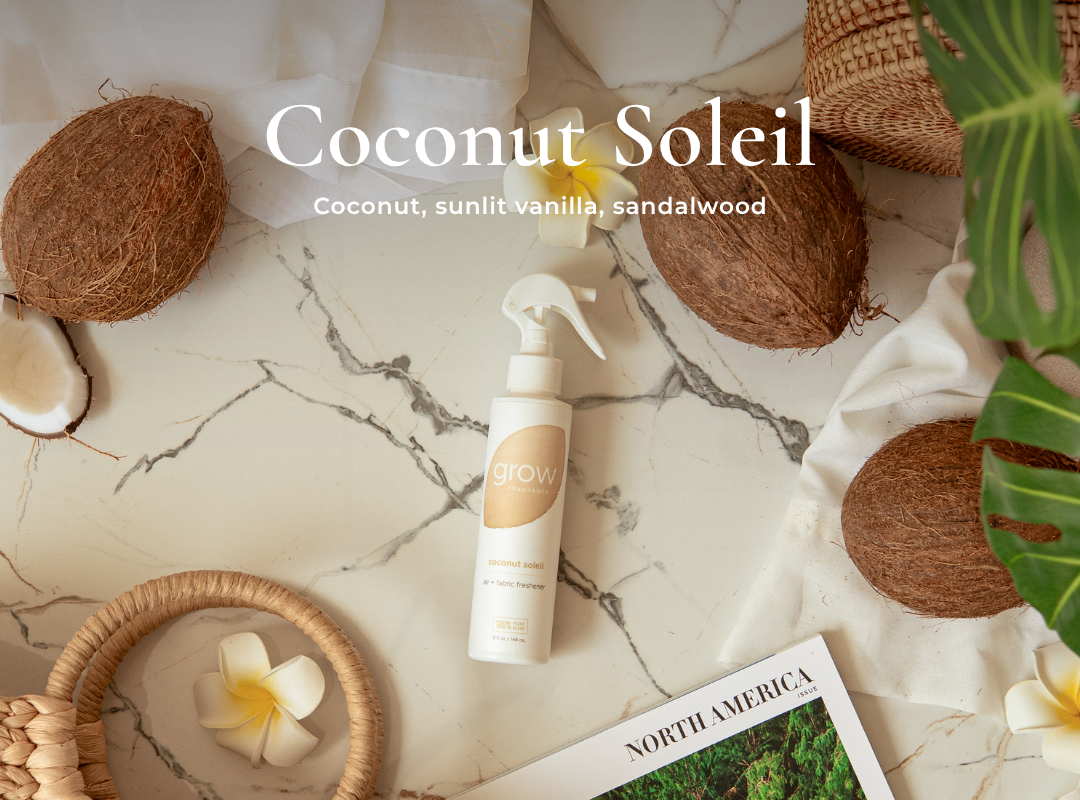 Coconut Soleil product with coconuts and flowers on a marble surface