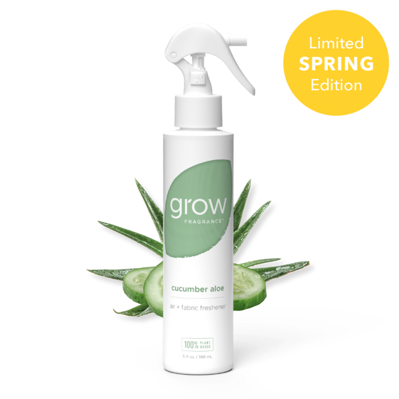 White spray bottle labeled 'grow' and 'cucumber aloe' with a green label on a white background, featuring a 'Limited Spring Edition' badge.