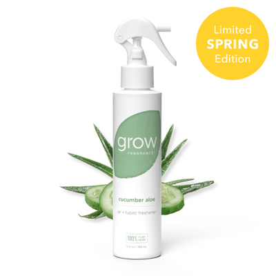 White spray bottle labeled 'grow' and 'cucumber aloe' with a green label on a white background, featuring a 'Limited Spring Edition' badge.