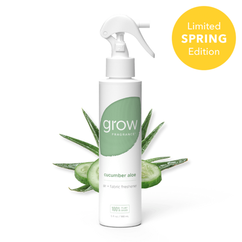 White spray bottle labeled 'grow' and 'cucumber aloe' with a green label on a white background, featuring a 'Limited Spring Edition' badge.
