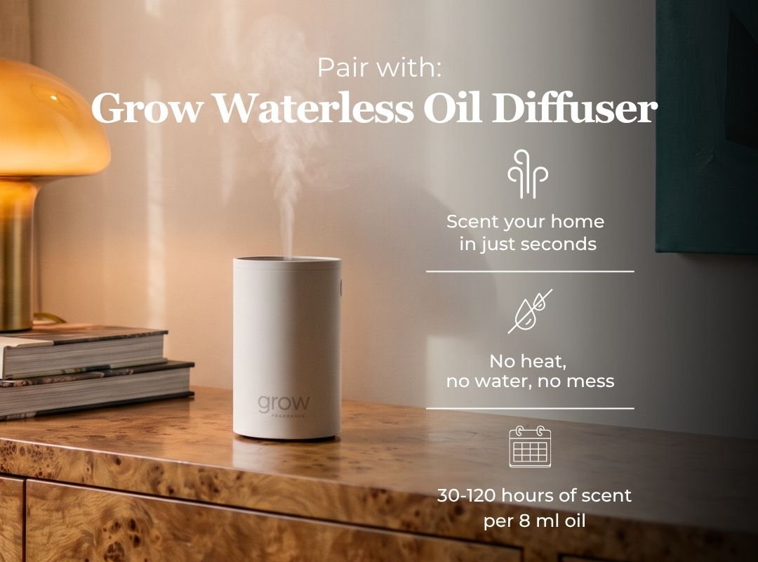 A cylindrical white Grow waterless oil diffuser sits on a wooden cabinet in a warmly lit room, with text overlays promoting its use to pair with oil diffusers and scent your home. (featured)