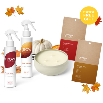 A fall-themed home fragrance gift set from grow Fragrance, featuring two ginger pumpkin spray bottles, a scented candle, two hanging scent cards, and autumn leaves on a white background with a yellow 'Includes Free Gift' badge. (featured)