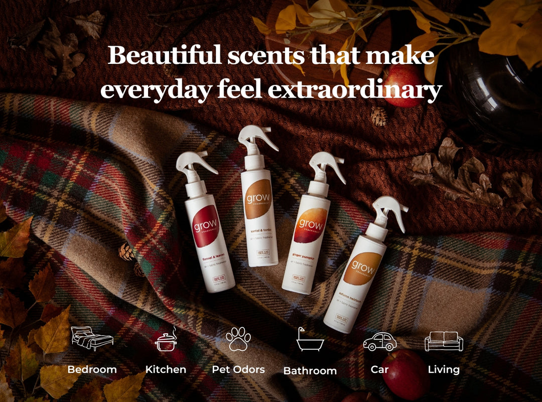Four Grow brand spray bottles arranged on a plaid blanket with autumn leaves and warm home decor props. Large text at the top reads, 'Beautiful scents that make everyday feel extraordinary,' and small icons along the bottom indicate use cases: Bedroom, Kitchen, Pet Odors, Bathroom, Car, and Living.