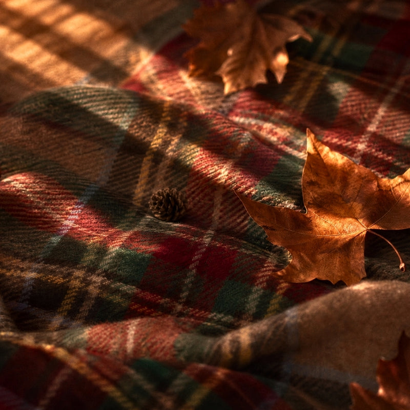 A close-up of a plaid flannel blanket in autumn colors, featuring red, green, and beige stripes, styled with dry brown maple leaves and pinecones under warm sunlight. (featured)