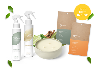 Grow starter kit with free gift. Two spray bottles, 3 wick candle, and car fresheners packaging with 'grow' branding on a white background.