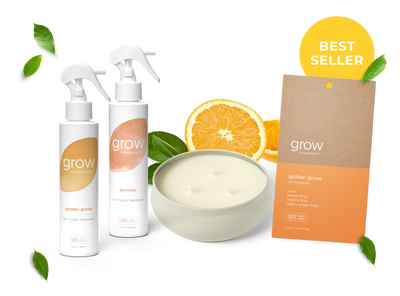 Grow skincare products including bottles, 3 wick candle, and a box on a white background with orange slices and leaves.