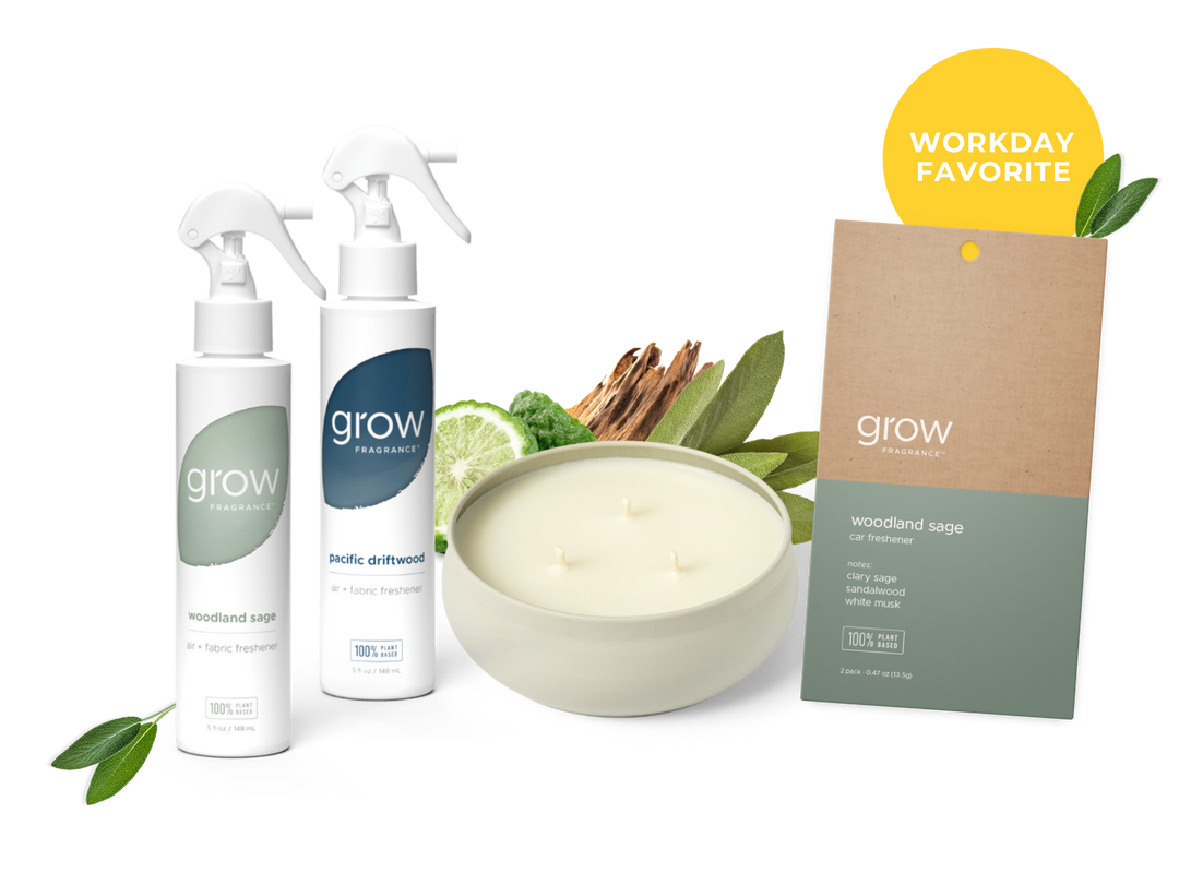 Two spray bottles, 3 wick candle, and a box labeled 'grow' on a white background.