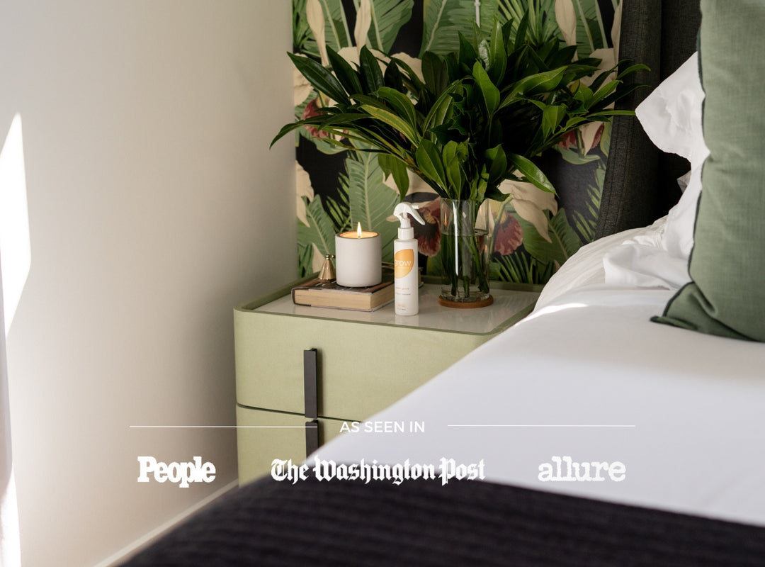 Golden Grove Candle on bedside table: Text: As Seen in People, The Washington Post, Allure (featured)