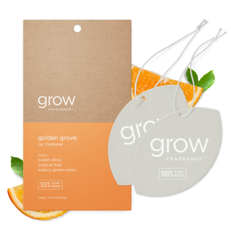 Grow Fragrance Golden Grove Car Freshener  packaging on a white background