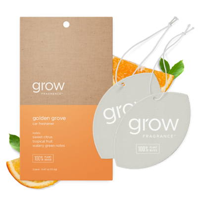 Grow Fragrance Golden Grove Car Freshener  packaging on a white background