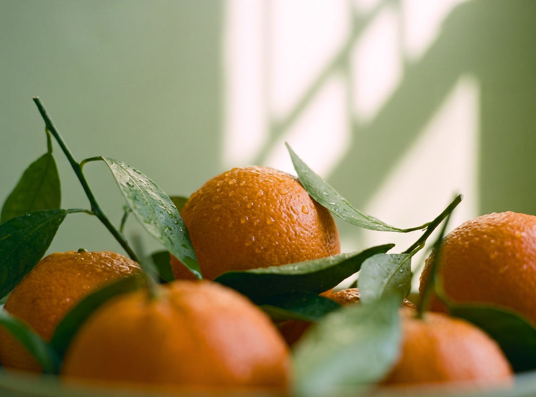 Several bright oranges with green leaves and water droplets, arranged in a bowl with a softly blurred light green background and window shadow. (featured)