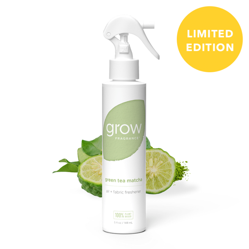 White spray bottle labeled 'grow' and Green Tea Matcha with a green label Bottle label reads "grow fragrance / green tea matcha / air + fabric freshener" — badge: "Limited Spring Edition"