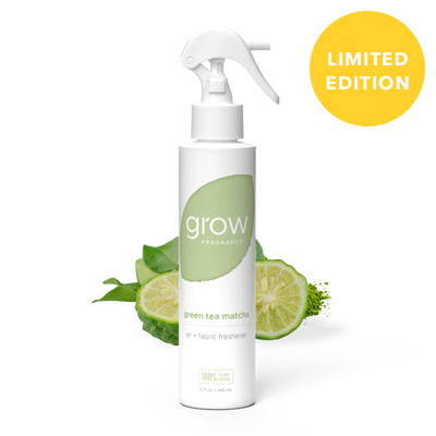 White spray bottle labeled 'grow' and Green Tea Matcha with a green label Bottle label reads "grow fragrance / green tea matcha / air + fabric freshener" — badge: "Limited Spring Edition"