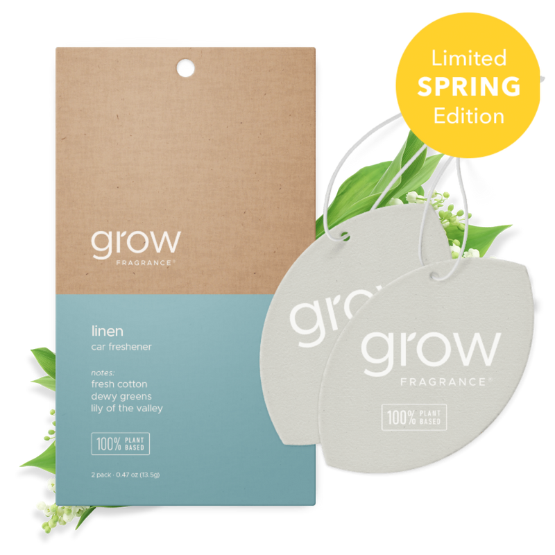 Grow Fragrance linen car freshener with packaging on a white background