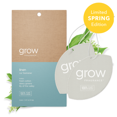 Grow Fragrance linen car freshener with packaging on a white background