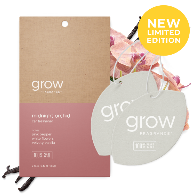 Grow Fragrance midnight orchid car freshener with packaging on a white background. Yellow badge with 'new limited edition'
