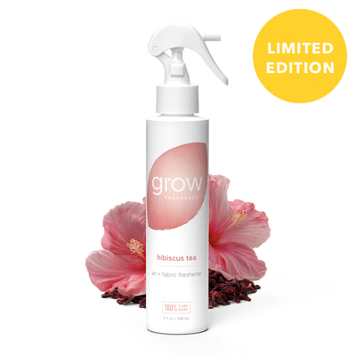 Hibiscus Tea white spray bottle labeled 'grow' with a pink design on a white background, featuring a yellow 'LIMITED EDITION' label.
