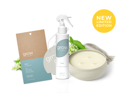 Grow product set including a bottle, 3 wick candle, and car freshener packaging on a white background with 'New Limited Edition' label.