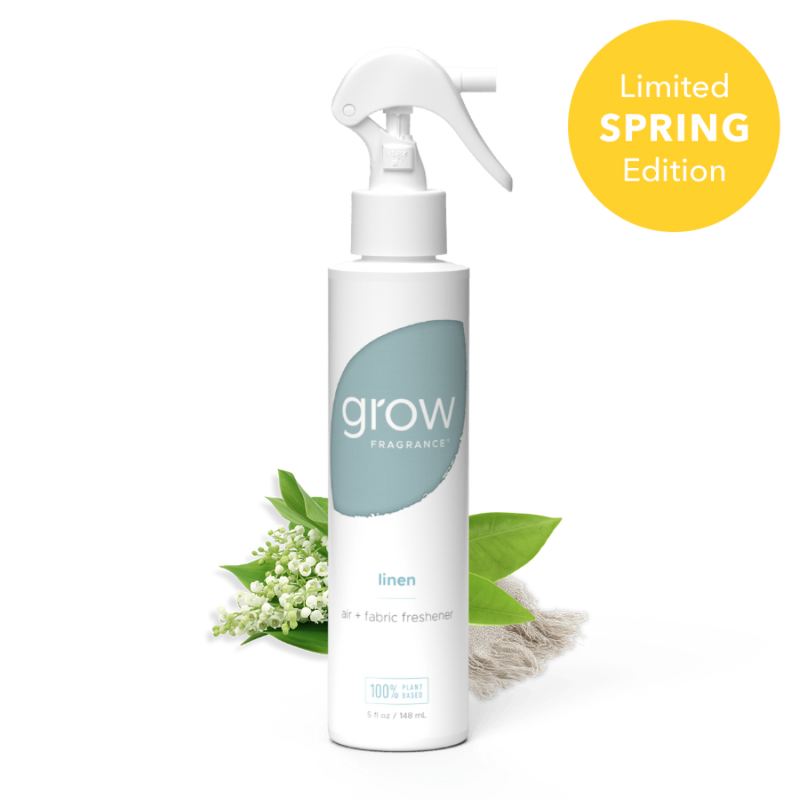 Linen grow fragrance bottle on white background with plant ingredients and limited edition spring yellow badge