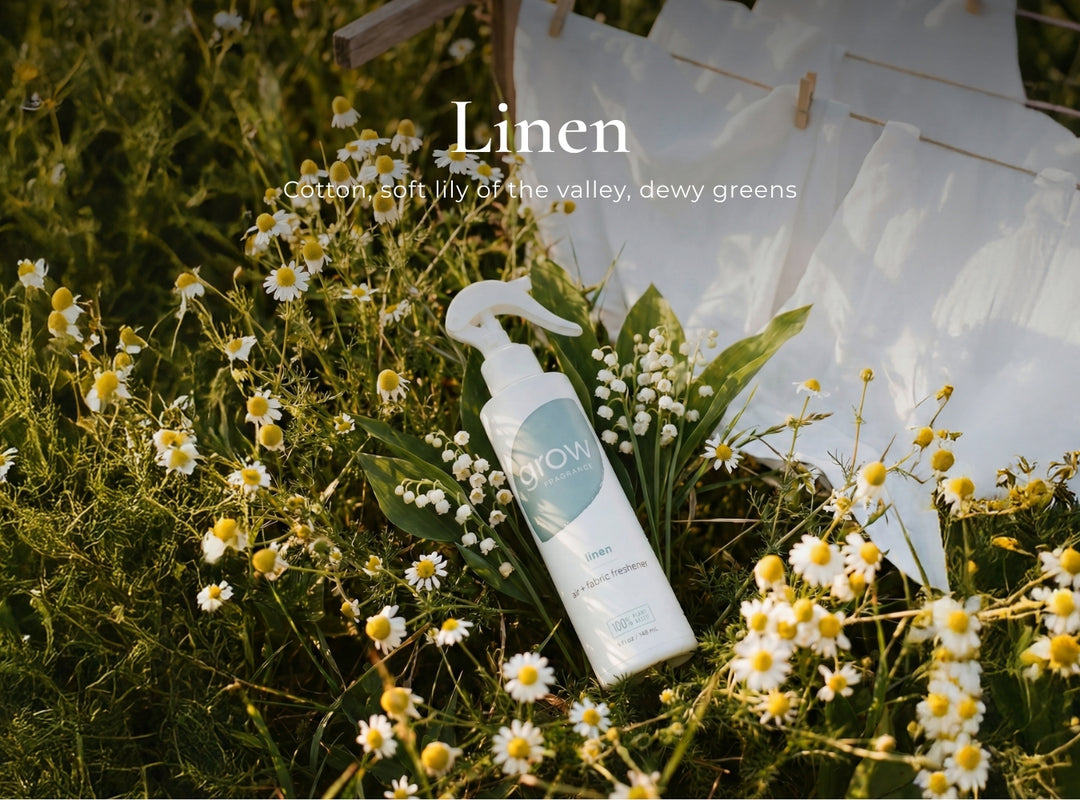 Linen product with flowers and text overlay on a natural background