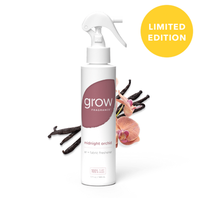 White spray bottle labeled 'grow' with flowers on a white background