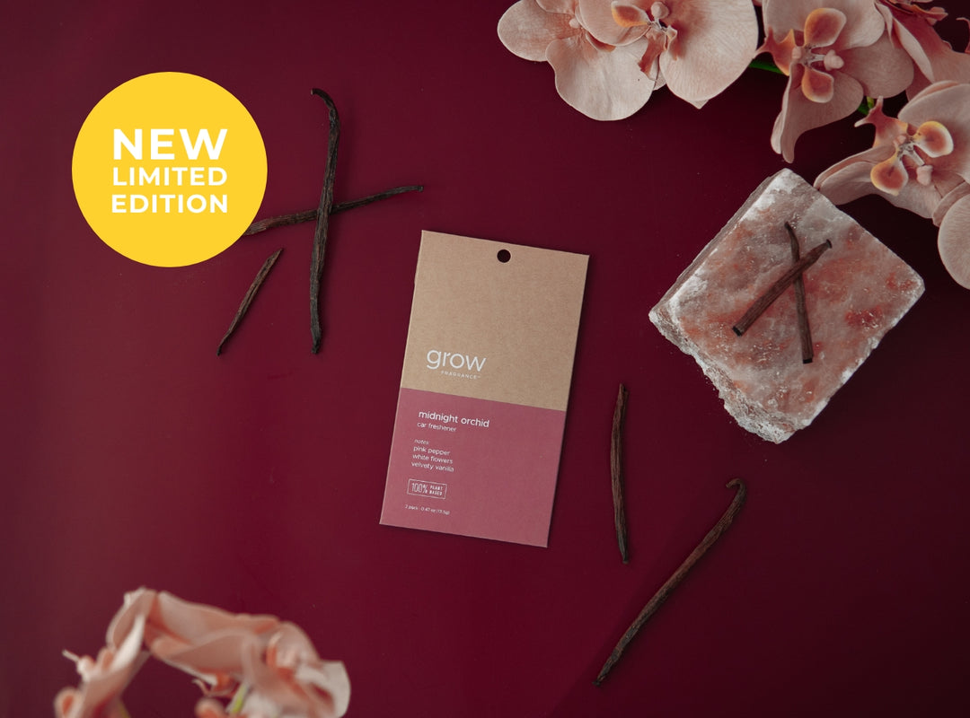 New limited edition product with vanilla beans, orchid flowers, and a 'grow' tag on a red background.