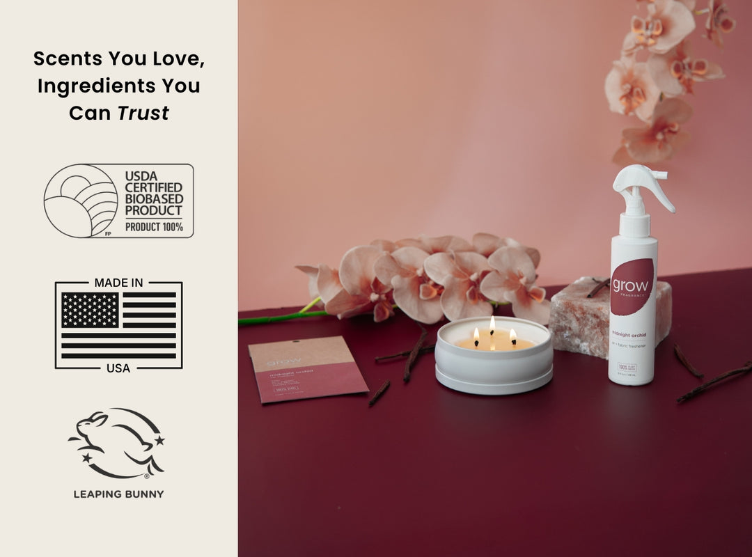 Product with 'grow' branding next to a candle and flowers on a pink background, featuring certification logos.